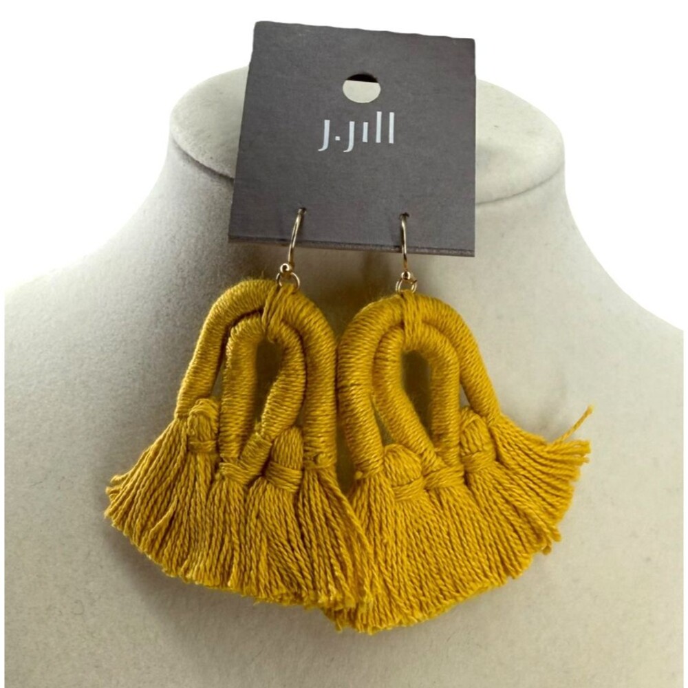 J. Jill Macrame Tassel Earrings Yellow Fringe Boho Statement Dangle Vacation NWT - Picture 4 of 13